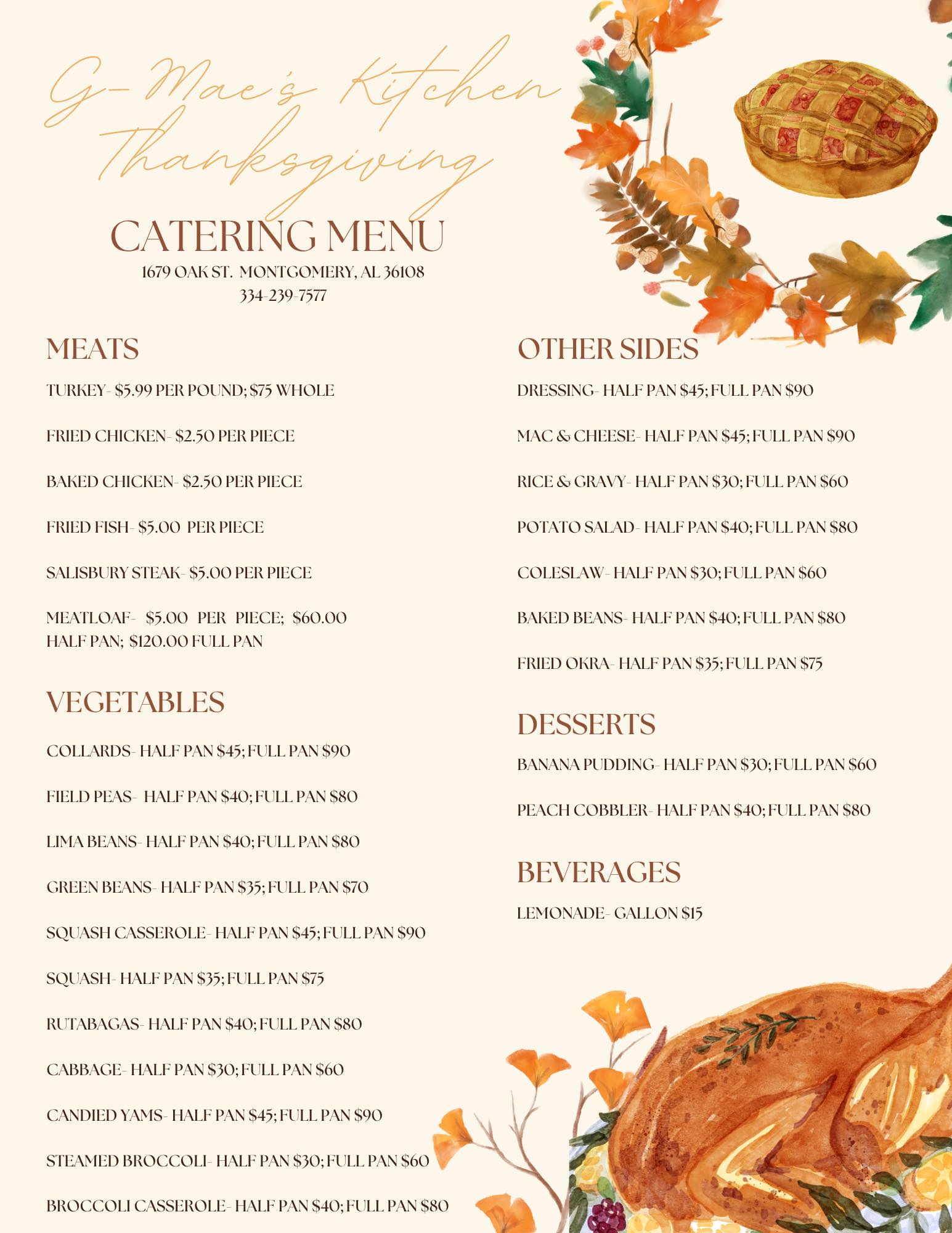 Holiday menu from G-Mae's Kitchen