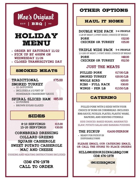Holiday menu from Moe's Original BBQ - Montgomery, Alabama