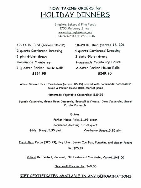 Holiday menu from Shashy's Bakery & Fine Foods
